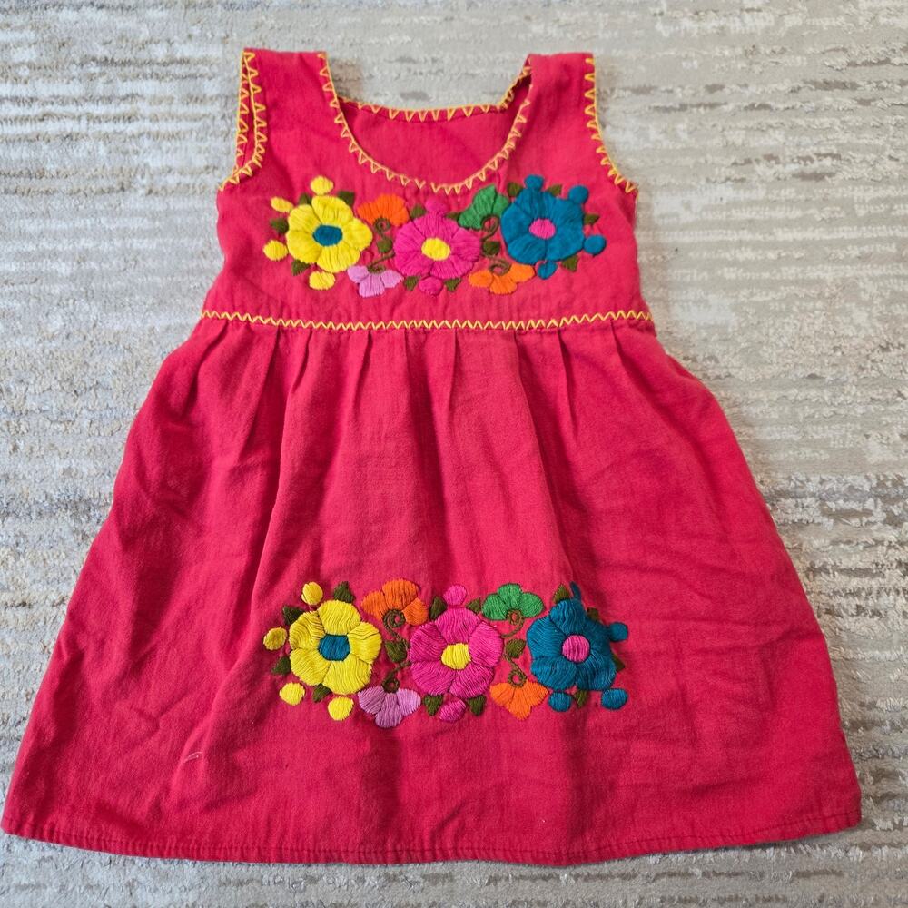 Girls Oaxaca Style Embroidered Flower Dress Mexican Handmade OOAK Red‎